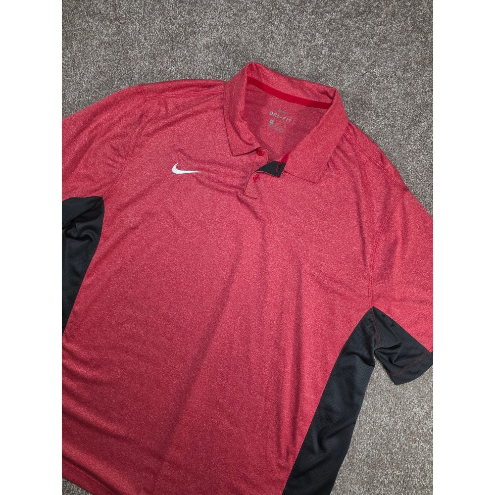 Nike Mens Dri-FIT Polo Shirt XL Red Heather Black Colorblock Golf Training Top